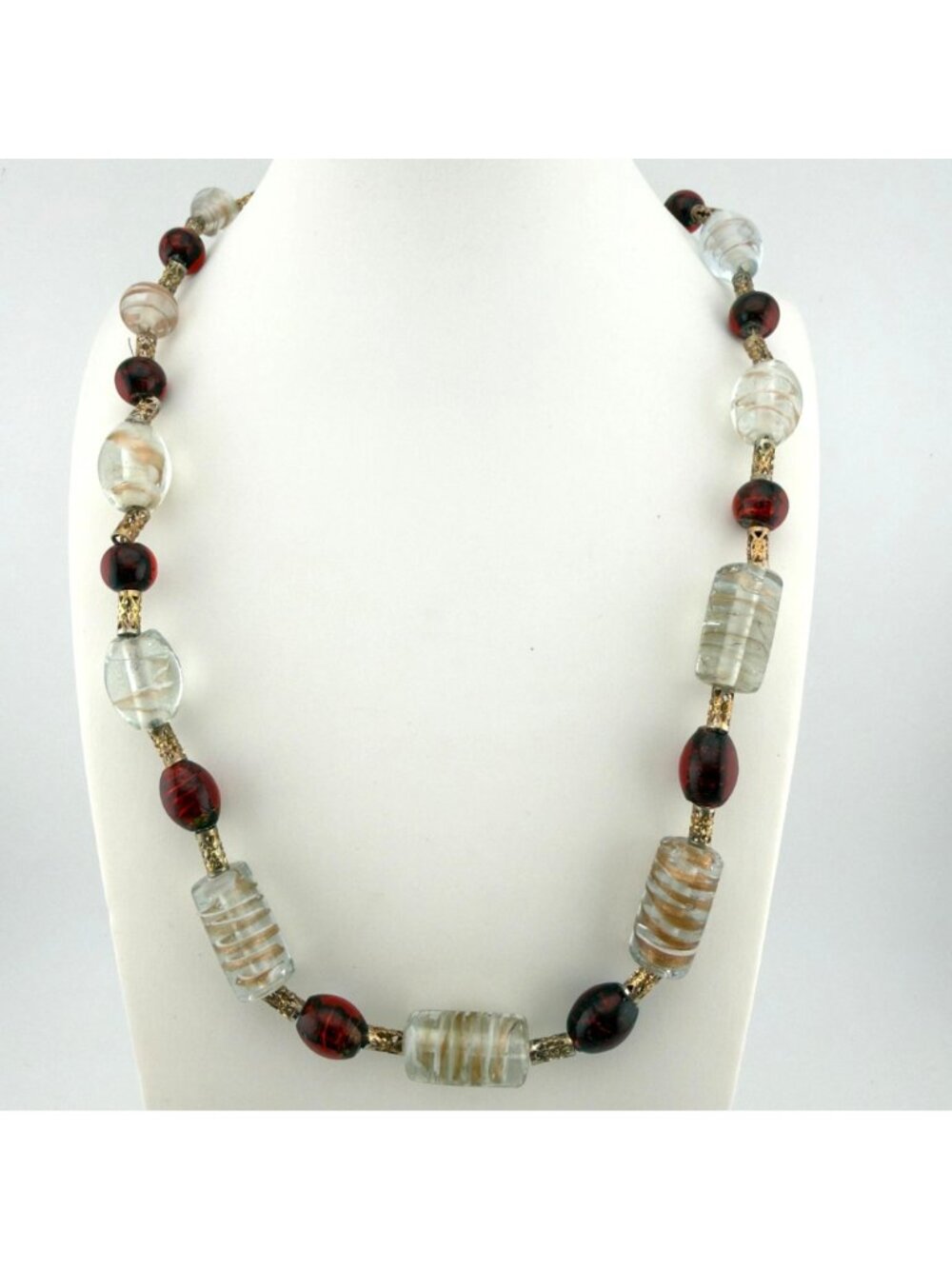 Art Glass Bead Necklace Studio Handmade Red Clear Gold Foil 20” - Picture 9 of 9